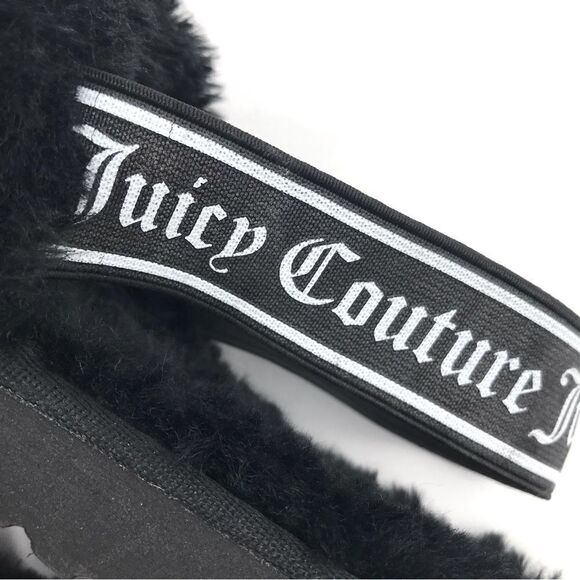 Juicy Couture Black Fuzzy Faux Fur Peep Toe Signature Slippers - Picture 9 of 10
